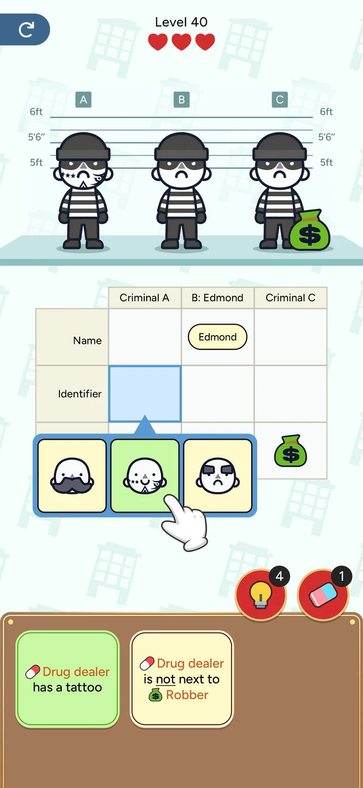 Profile Perfect App Store screenshot of level 40: three suspects, a name and identifier grid, and clue cards about a tattoo and the robber.
