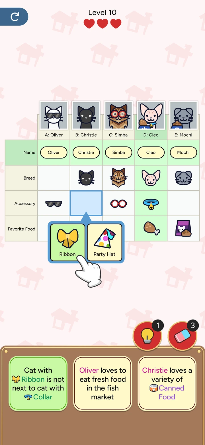 Profile Perfect App Store screenshot of level 10: five cats with a grid for names, breeds, accessories and favorite foods.