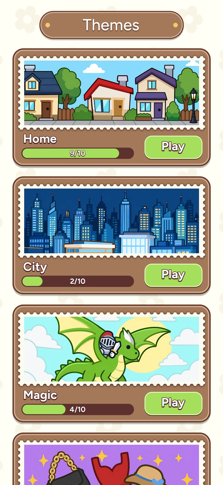 Profile Perfect App Store screenshot of the Themes screen, showing Home, City and Magic entries with progress bars.